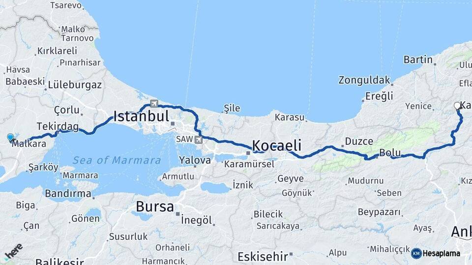 Tekirdağ Malkara Karabük Arası Kaç Km - Yol Haritası