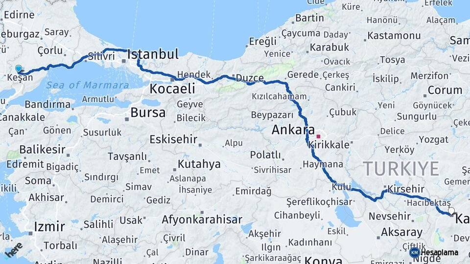 Tekirdağ Malkara Kayseri Arası Kaç Km - Yol Haritası
