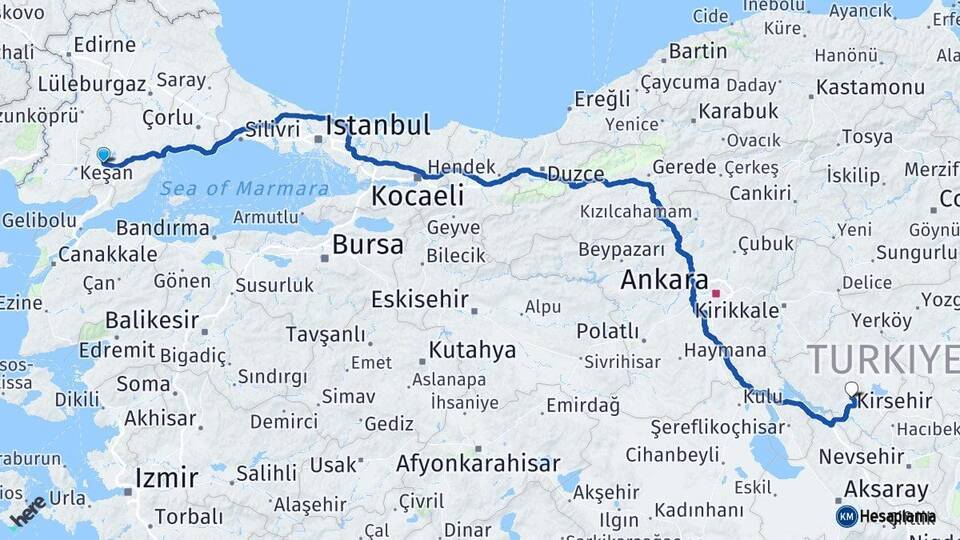Tekirdağ Malkara Kırşehir Arası Kaç Km - Yol Haritası