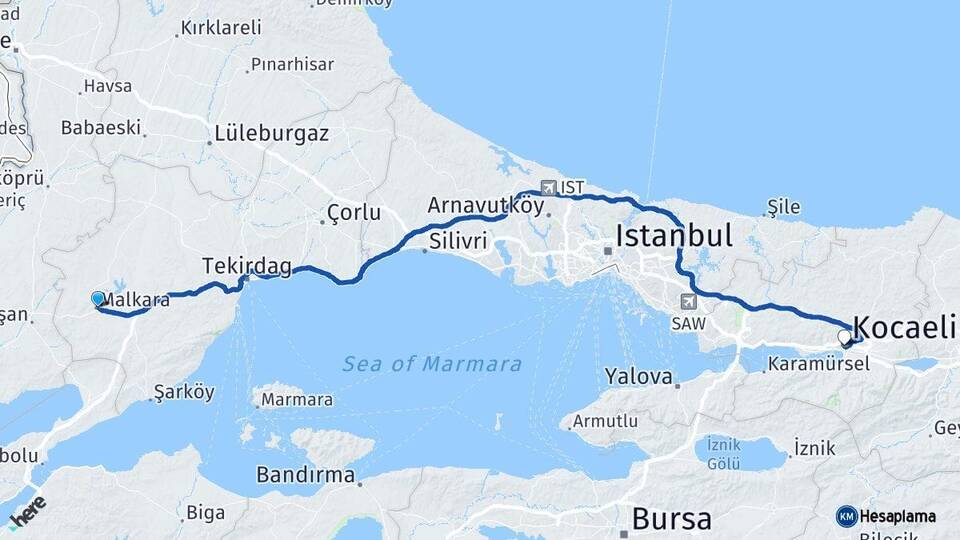 Tekirdağ Malkara Kocaeli Arası Kaç Km - Yol Haritası
