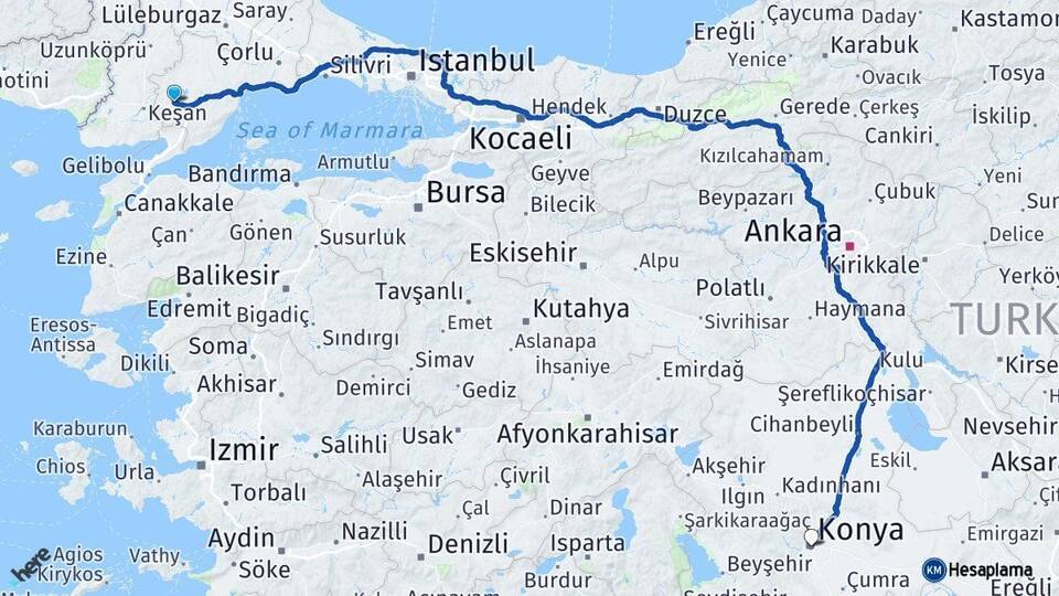 Tekirdağ Malkara Konya Arası Kaç Km - Yol Haritası