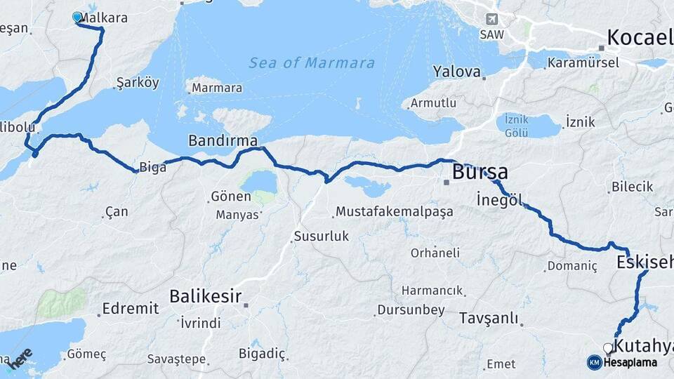 Tekirdağ Malkara Kütahya Arası Kaç Km - Yol Haritası