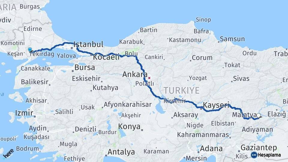 Tekirdağ Malkara Malatya Arası Kaç Km - Yol Haritası