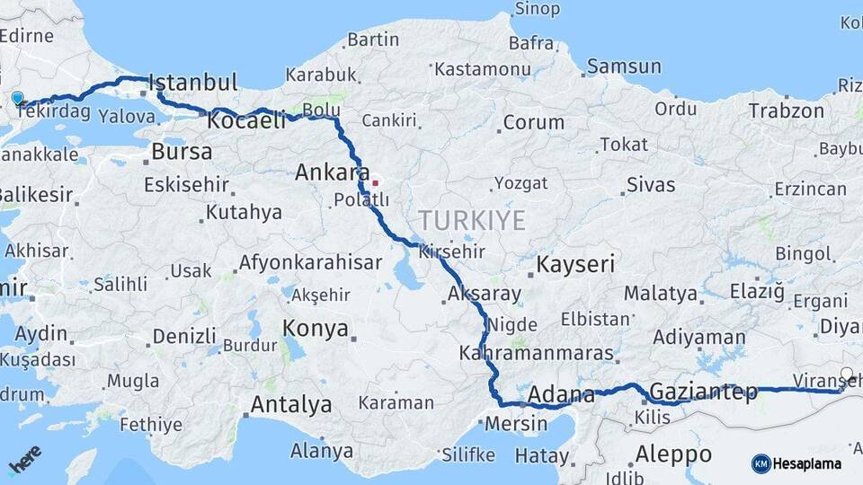 Tekirdağ Malkara Mardin Arası Kaç Km - Yol Haritası