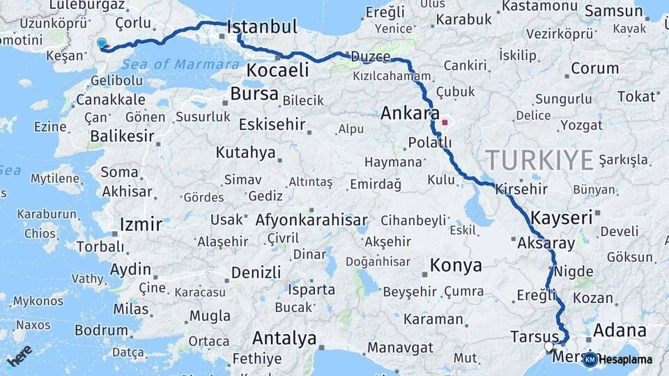 Tekirdağ Malkara Mersin Arası Kaç Km - Yol Haritası