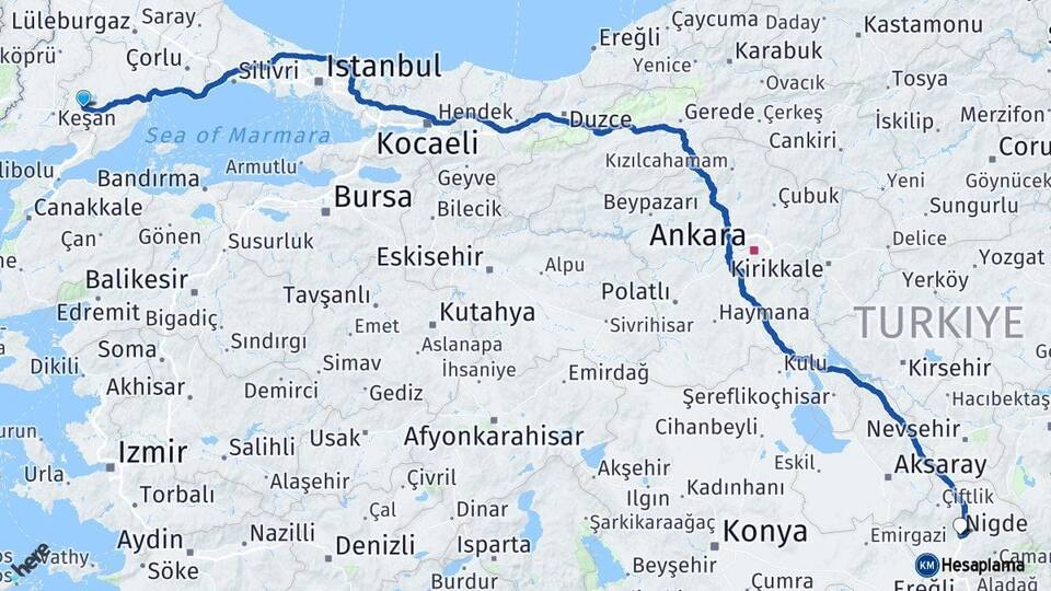 Tekirdağ Malkara Niğde Arası Kaç Km - Yol Haritası