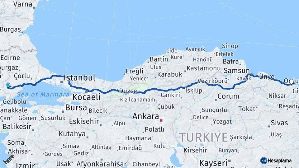 Tekirdağ Malkara Ordu Arası Kaç Km - Yol Haritası