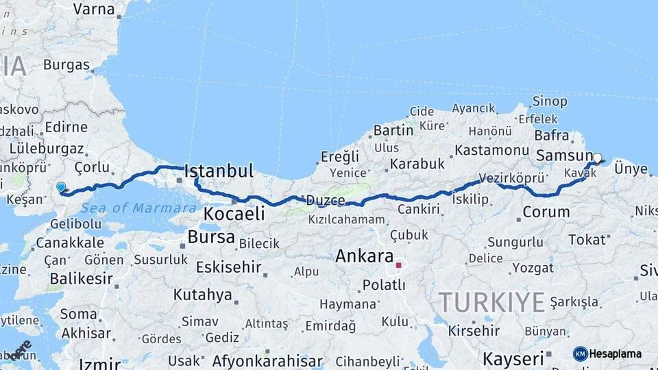 Tekirdağ Malkara Samsun Arası Kaç Km - Yol Haritası