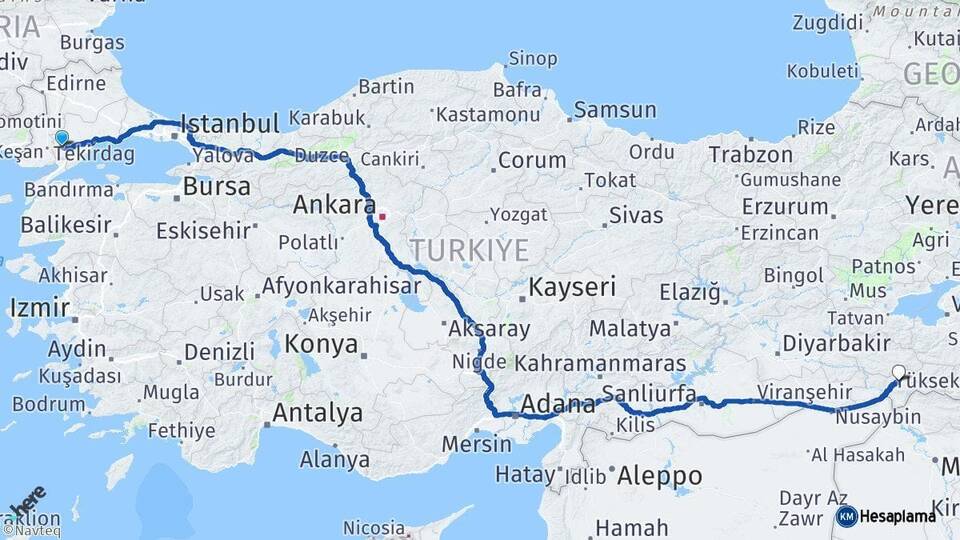 Tekirdağ Malkara Şırnak Arası Kaç Km - Yol Haritası