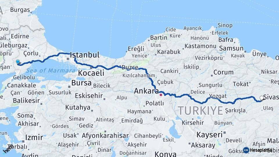 Tekirdağ Malkara Sivas Arası Kaç Km - Yol Haritası