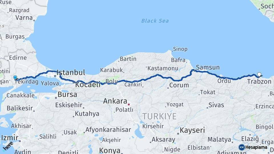 Tekirdağ Malkara Trabzon Arası Kaç Km - Yol Haritası