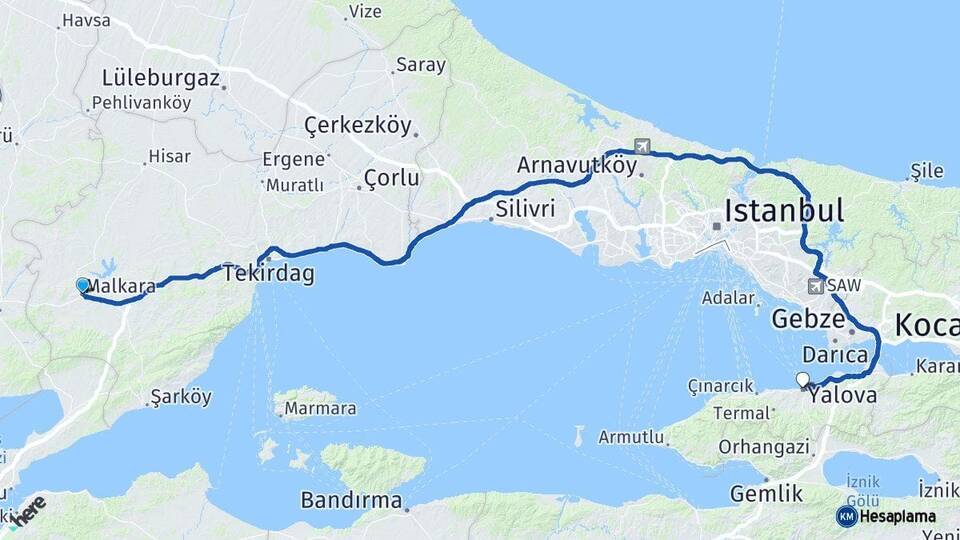 Tekirdağ Malkara Yalova Arası Kaç Km - Yol Haritası