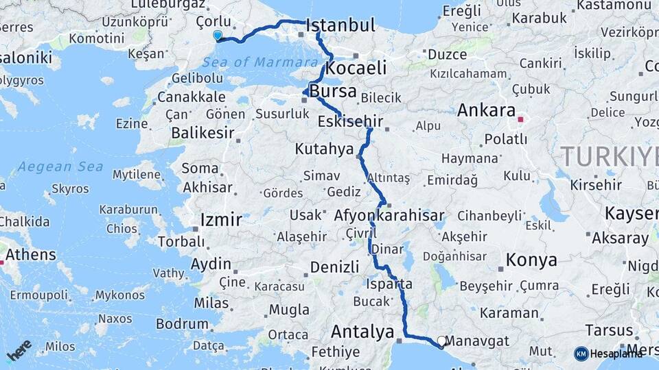 Tekirdağ Manavgat Antalya Arası Kaç Km - Yol Haritası