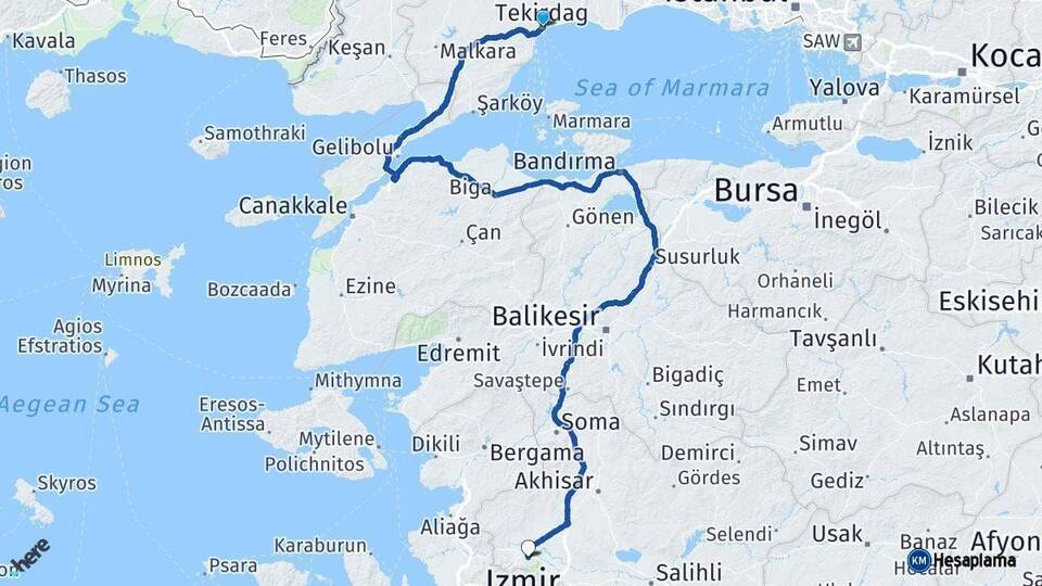 Tekirdağ Manisa Arası Kaç Km - Yol Haritası