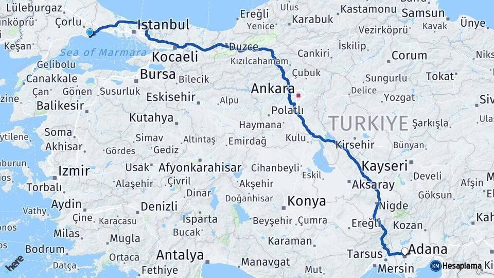 Tekirdağ Marmaraereğlisi Adana Arası Kaç Km - Yol Haritası