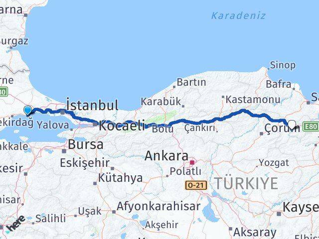 Tekirdağ Marmaraereğlisi Amasya Arası Kaç Km - Yol Haritası