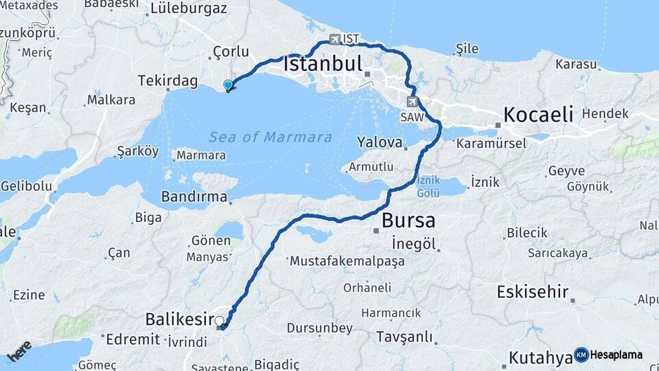 Tekirdağ Marmaraereğlisi Balıkesir Arası Kaç Km - Yol Haritası