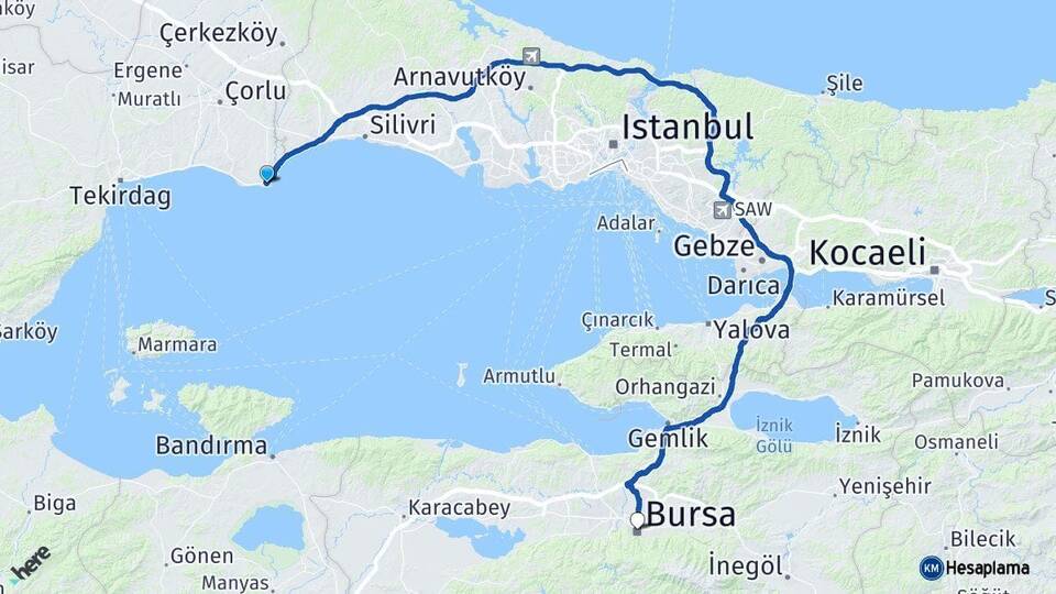 Tekirdağ Marmaraereğlisi Bursa Arası Kaç Km - Yol Haritası