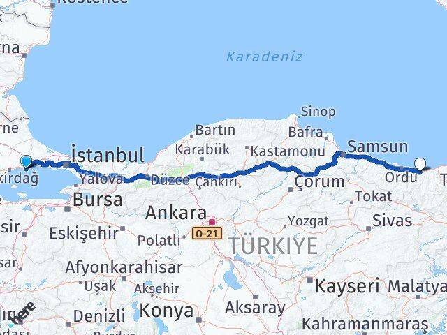 Tekirdağ Marmaraereğlisi Giresun Arası Kaç Km - Yol Haritası
