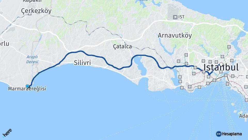 Tekirdağ Marmaraereğlisi İstanbul Arası Kaç Km - Yol Haritası
