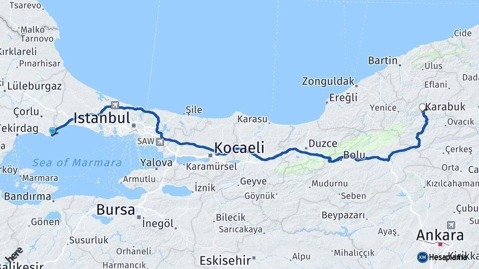 Tekirdağ Marmaraereğlisi Karabük Arası Kaç Km - Yol Haritası