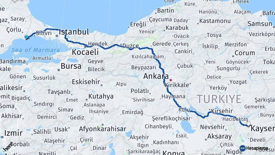 Tekirdağ Marmaraereğlisi Kayseri Arası Kaç Km - Yol Haritası