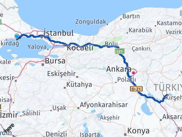 Tekirdağ Marmaraereğlisi Kırşehir Arası Kaç Km - Yol Haritası