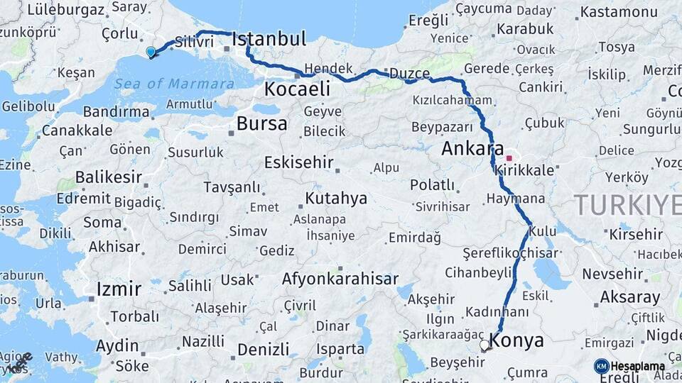 Tekirdağ Marmaraereğlisi Konya Arası Kaç Km - Yol Haritası
