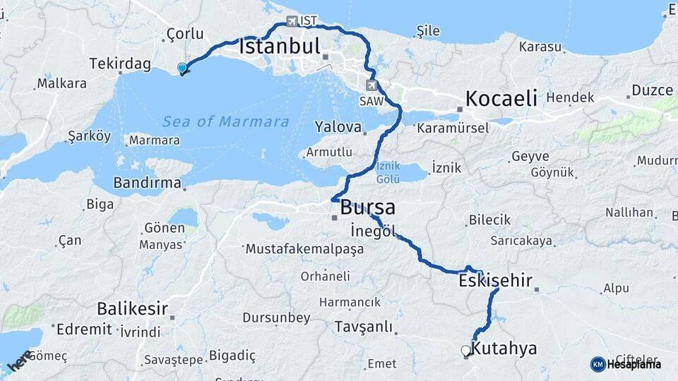 Tekirdağ Marmaraereğlisi Kütahya Arası Kaç Km - Yol Haritası