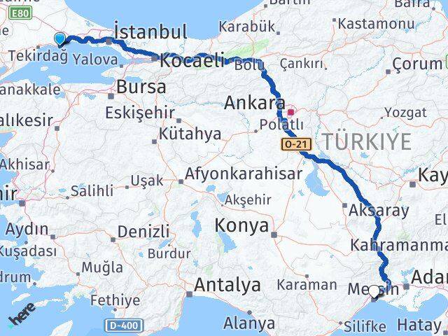 Tekirdağ Marmaraereğlisi Mersin Arası Kaç Km - Yol Haritası