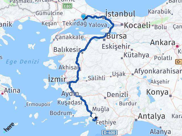 Tekirdağ Marmaraereğlisi Muğla Arası Kaç Km - Yol Haritası