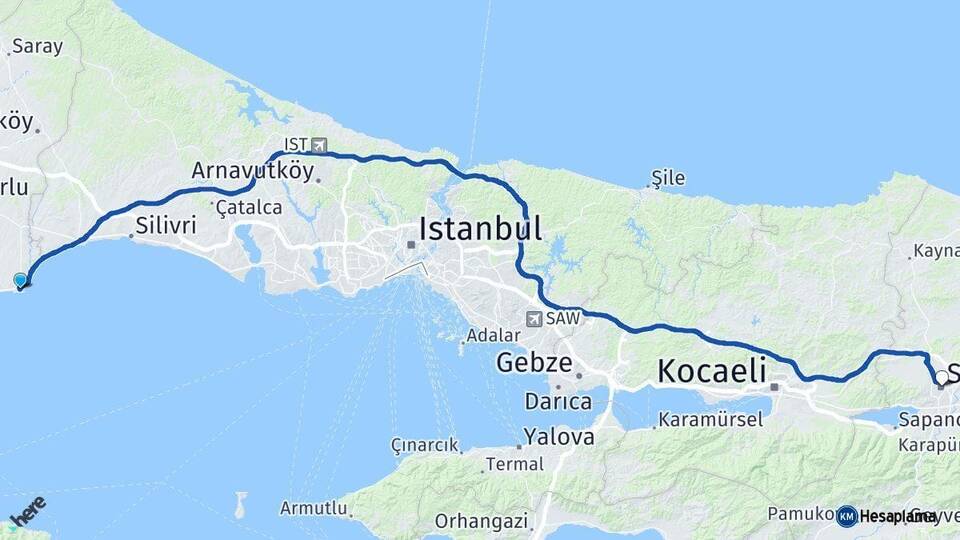 Tekirdağ Marmaraereğlisi Sakarya Arası Kaç Km - Yol Haritası