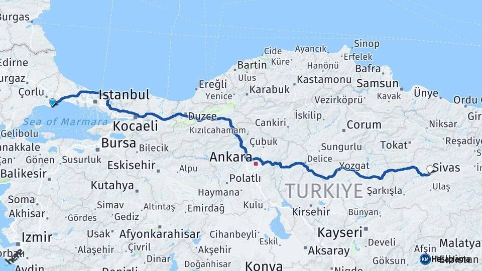 Tekirdağ Marmaraereğlisi Sivas Arası Kaç Km - Yol Haritası