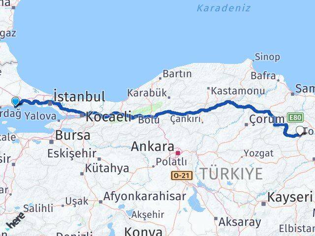 Tekirdağ Marmaraereğlisi Tokat Arası Kaç Km - Yol Haritası