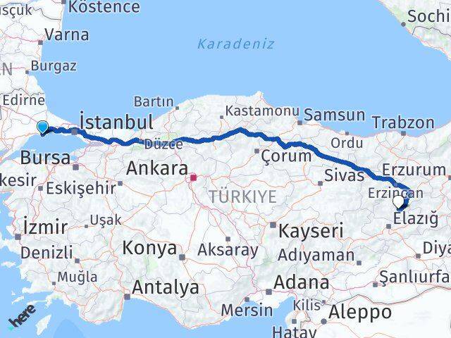 Tekirdağ Marmaraereğlisi Tunceli Arası Kaç Km - Yol Haritası