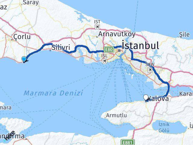 Tekirdağ Marmaraereğlisi Yalova Arası Kaç Km - Yol Haritası