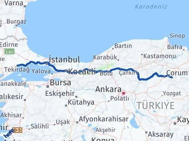 Tekirdağ Mecitözü Çorum Arası Kaç Km - Yol Haritası
