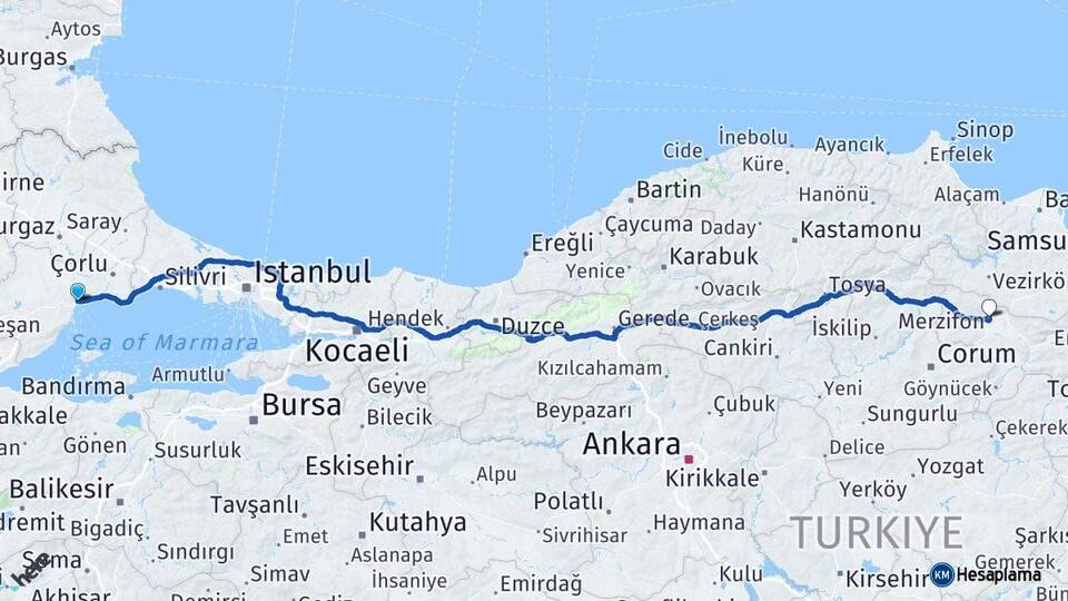 Tekirdağ Merzifon Amasya Arası Kaç Km - Yol Haritası