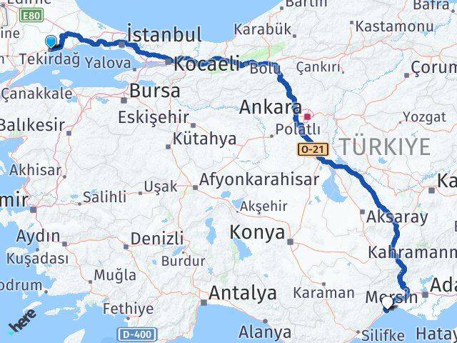 Tekirdağ Mezitli Mersin Arası Kaç Km - Yol Haritası