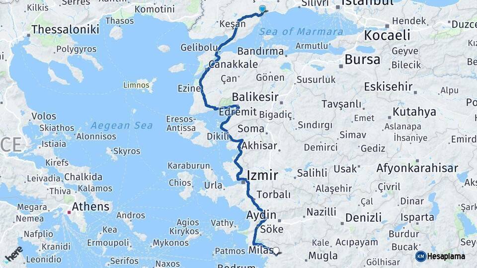 Tekirdağ Milas Muğla Arası Kaç Km - Yol Haritası