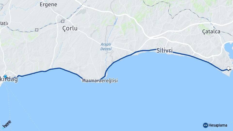 Tekirdağ Mimaroba Büyükçekmece İstanbul Arası Kaç Km - Yol Haritası
