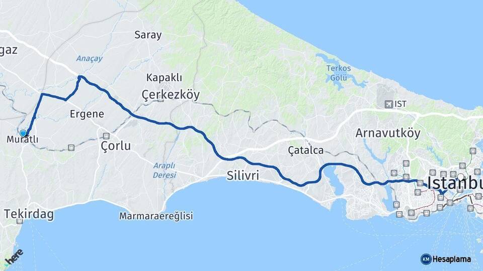 Tekirdağ Muratlı İstanbul Arası Kaç Km - Yol Haritası