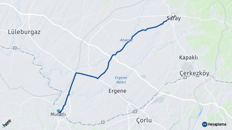Tekirdağ Muratlı Saray Arası Kaç Km - Yol Haritası