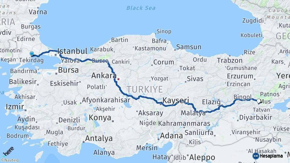 Tekirdağ Muş Arası Kaç Km - Yol Haritası