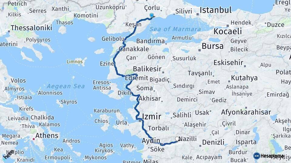 Tekirdağ Nazilli Aydın Arası Kaç Km - Yol Haritası