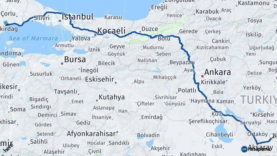 Tekirdağ Nevşehir Arası Kaç Km - Yol Tarifi