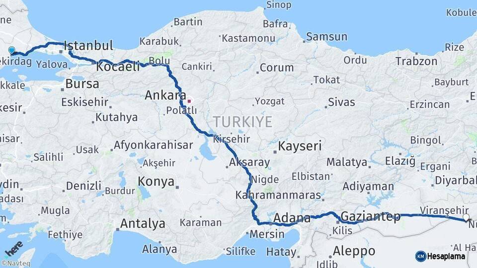 Tekirdağ Nusaybin Mardin Arası Kaç Km - Yol Haritası