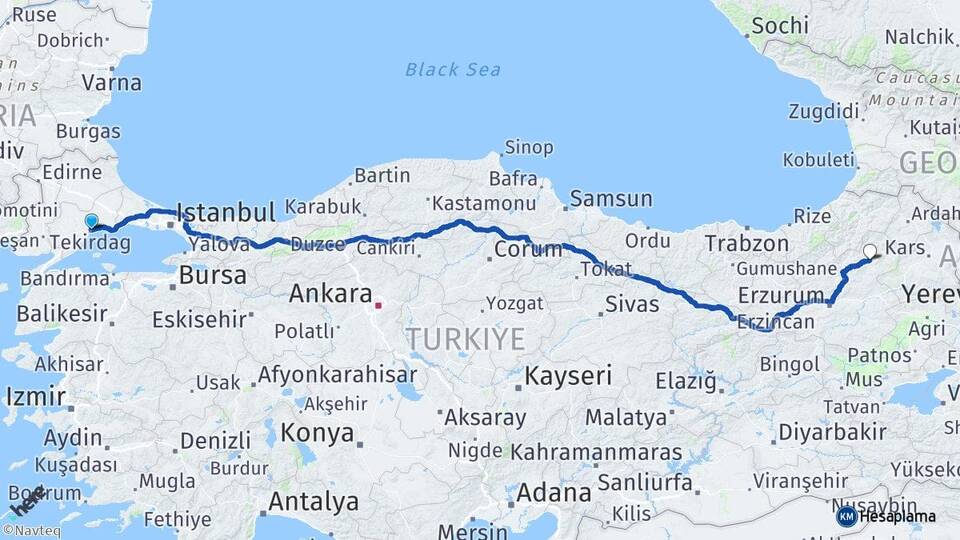 Tekirdağ Oltu Erzurum Arası Kaç Km - Yol Haritası