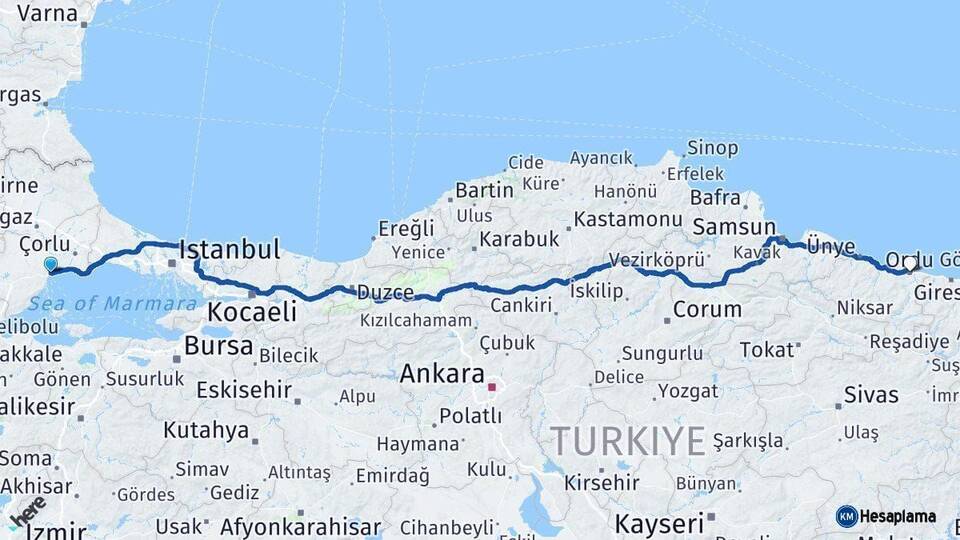Tekirdağ Ordu Arası Kaç Km - Yol Haritası