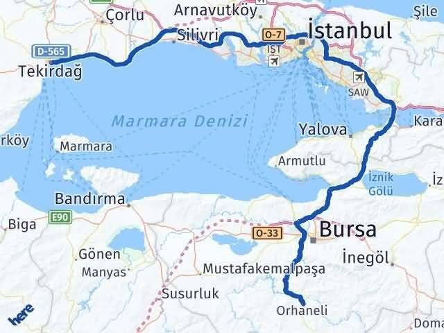 Tekirdağ Orhaneli Bursa Arası Kaç Km - Yol Haritası